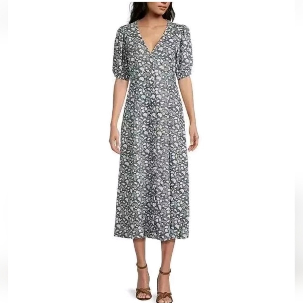 Faherty Gray Blue Floral Midi Dress